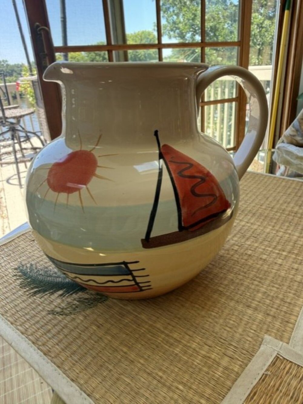 Pier 1 Imports Ceramic Colorful Pitcher Made in Italy Hand Painted Beach Scene